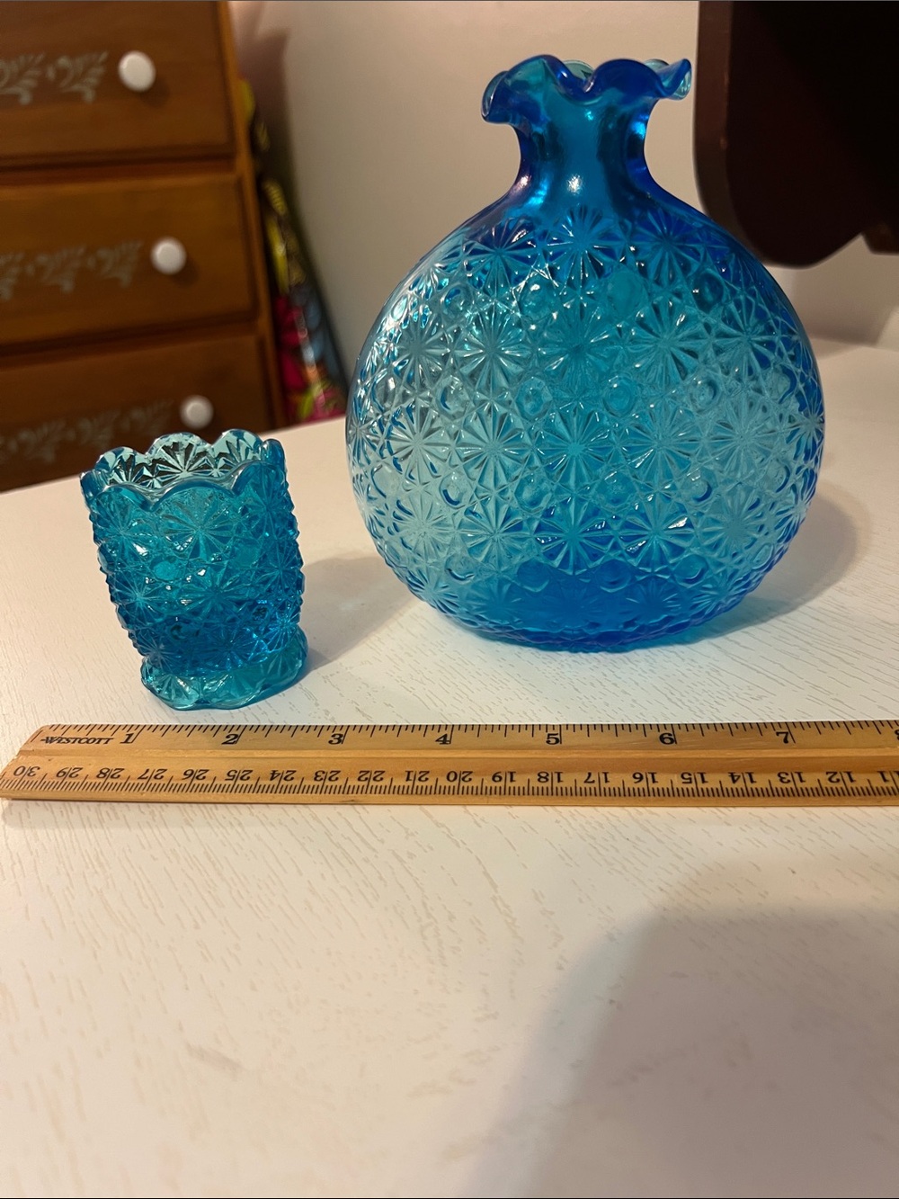 Vintage Blue Daisy and Button vase and toothpick holder